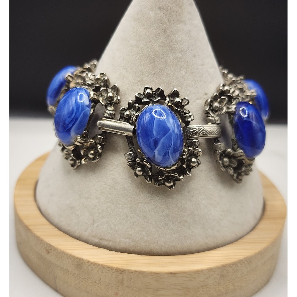Vintage Silver Tone Blue Faux Marbled Glass Faux Panel Link Bracelet